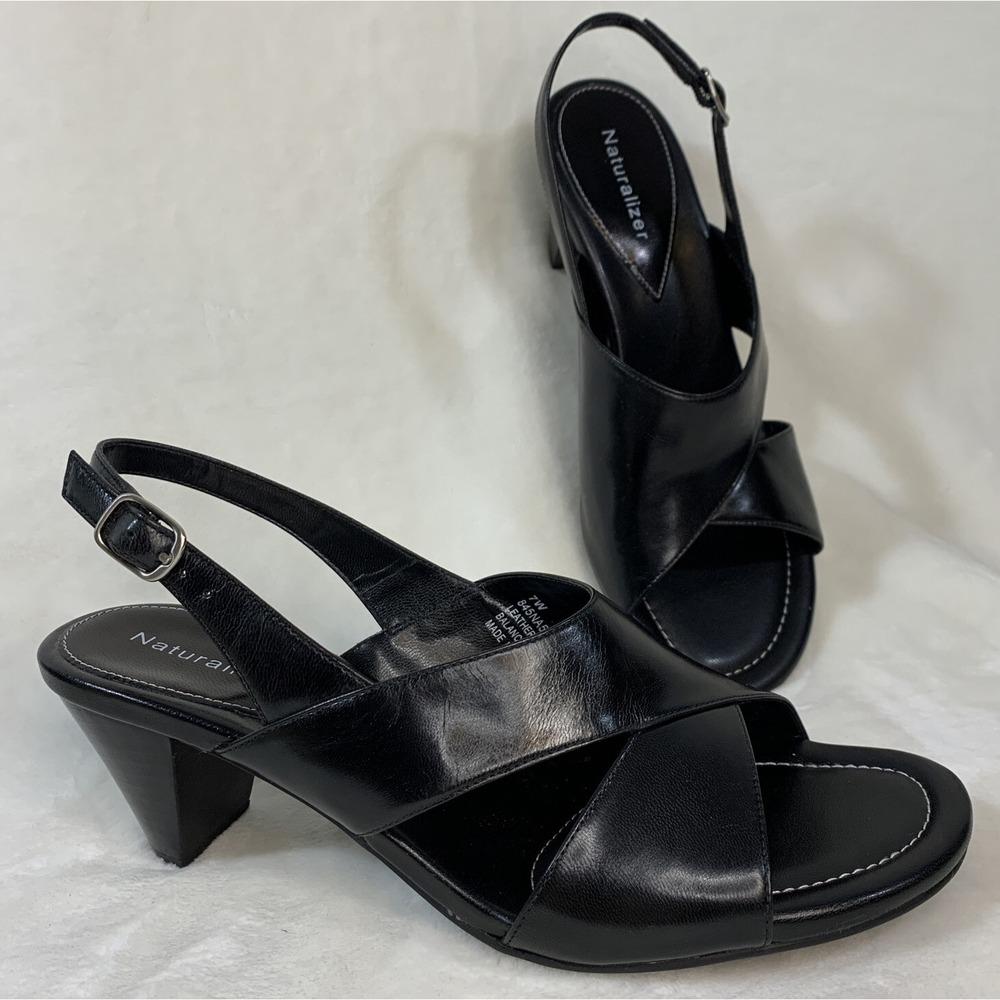 Naturalizer Serenity Black Sling Back Leather Open Toe Heels  EUC Size 7 Width C